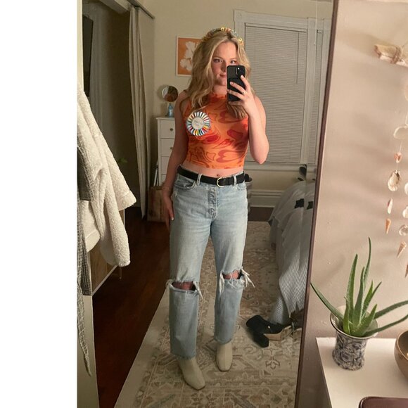 Abercrombie & Fitch The Dad High Rise Jeans 29 / 8R Light Wash Distressed Knee - Picture 7 of 7